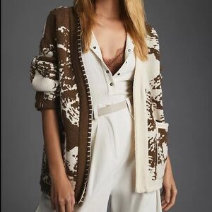 Anthropologie Cream and Brown Knit Cardigan